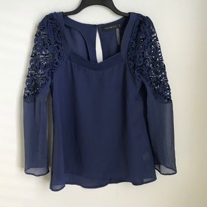 Stella & Jamie Blue Silk Lace Sleeve Blouse